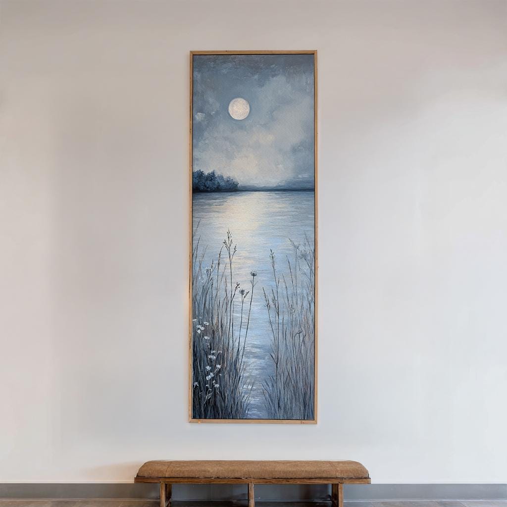 Serene Moonlit Lake Canvas Art | Impasto Textural Print | Tranquil Minimalist Wall Art For Bedroom Long Vertical Art