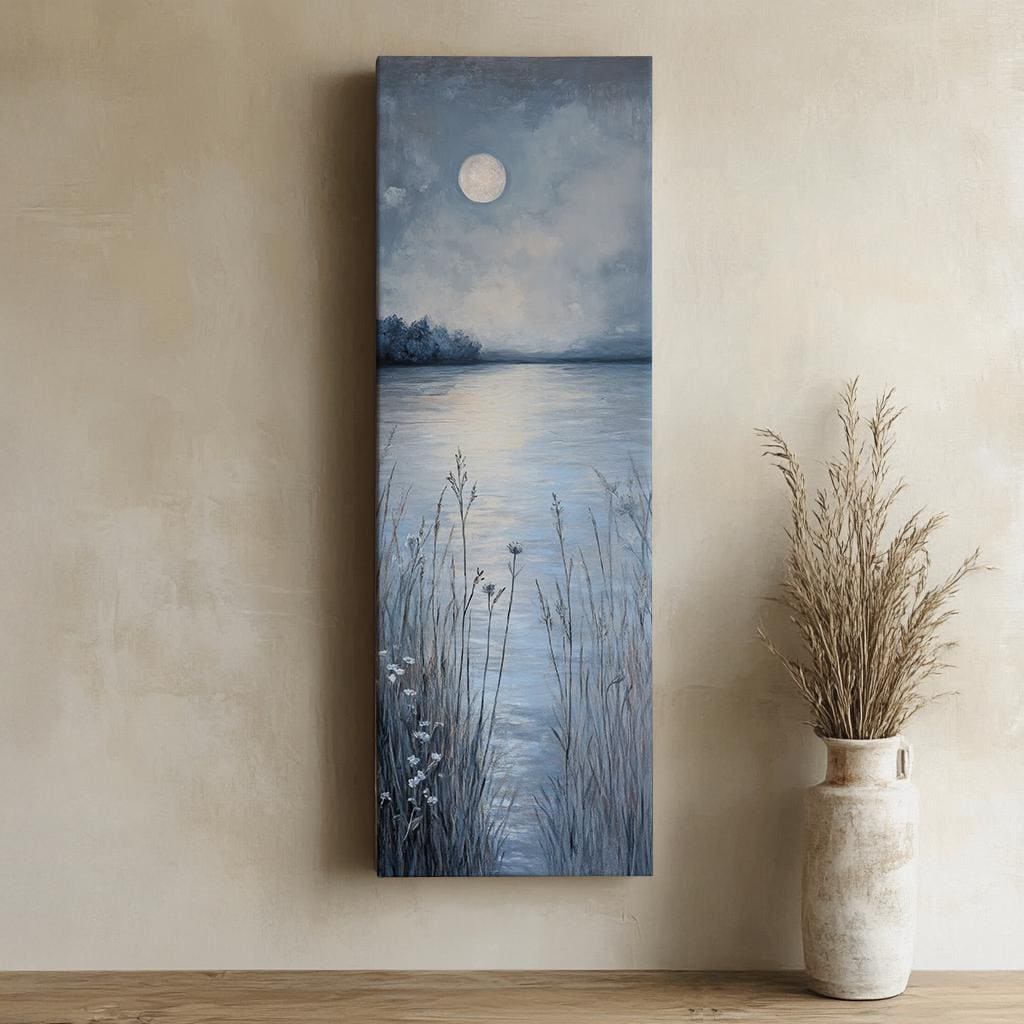Serene Moonlit Lake Canvas Art | Impasto Textural Print | Tranquil Minimalist Wall Art For Bedroom Long Vertical Art