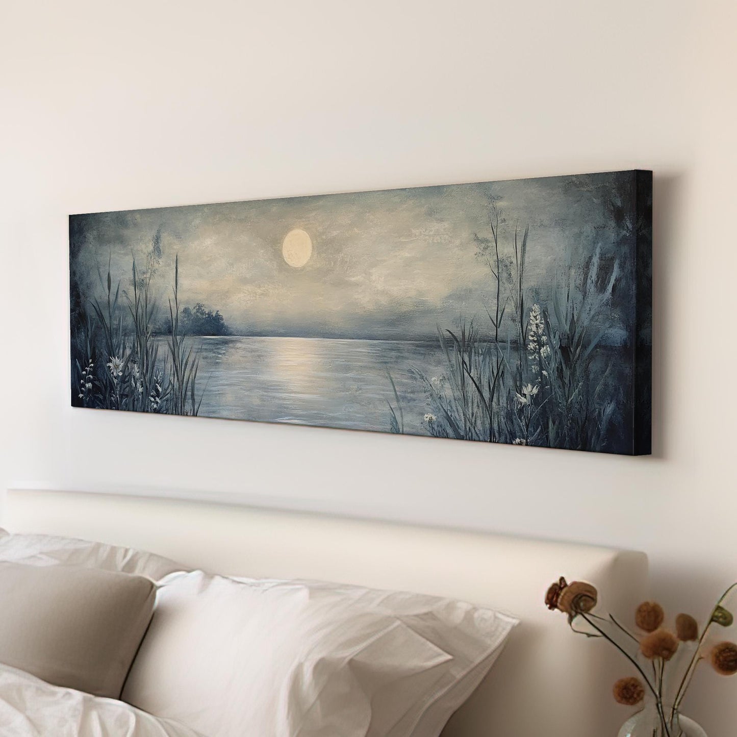 Serene Moonlit Lake Canvas Art | Impasto Textural Print | Tranquil Coastal Wall Art For Living Room Panoramic Wall Art