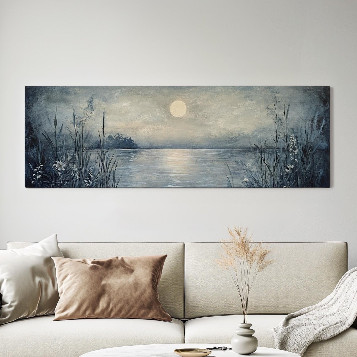 Serene Moonlit Lake Canvas Art | Impasto Textural Print | Tranquil Coastal Wall Art For Living Room Panoramic Wall Art