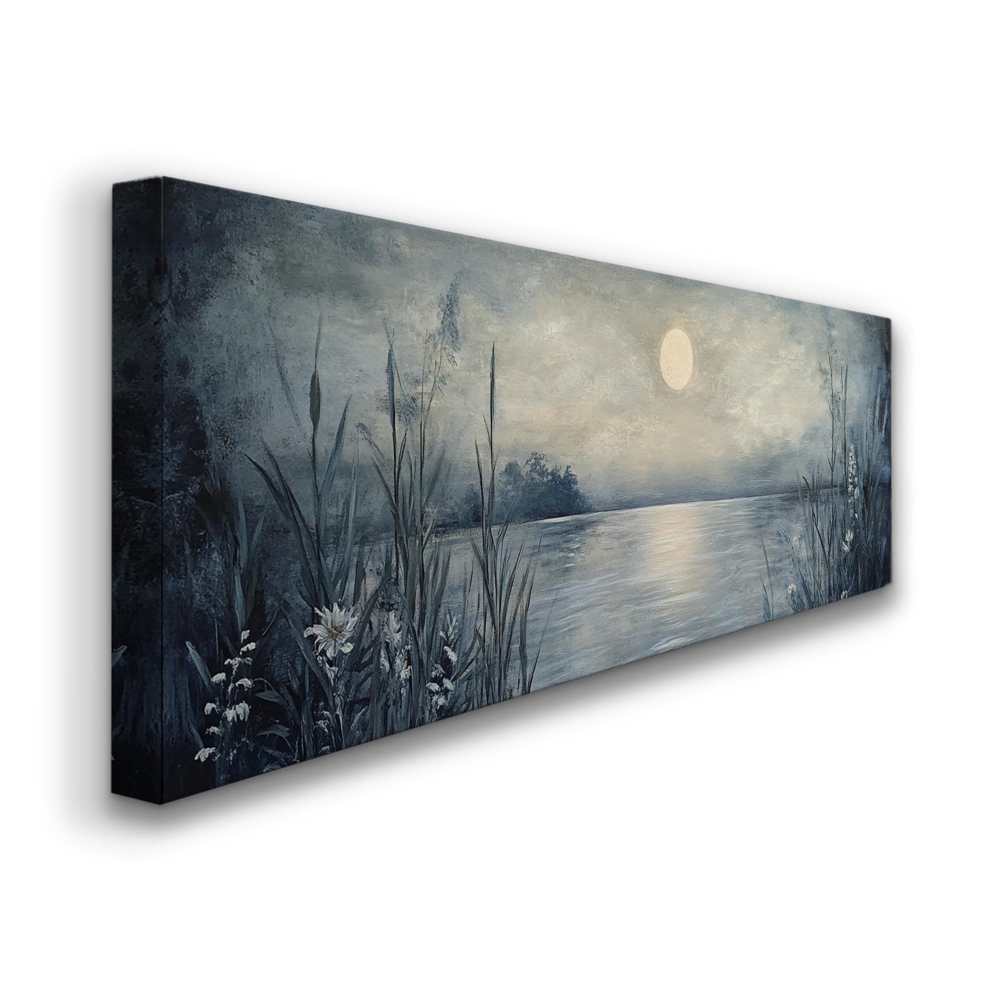 Serene Moonlit Lake Canvas Art | Impasto Textural Print | Tranquil Coastal Wall Art For Living Room Panoramic Wall Art