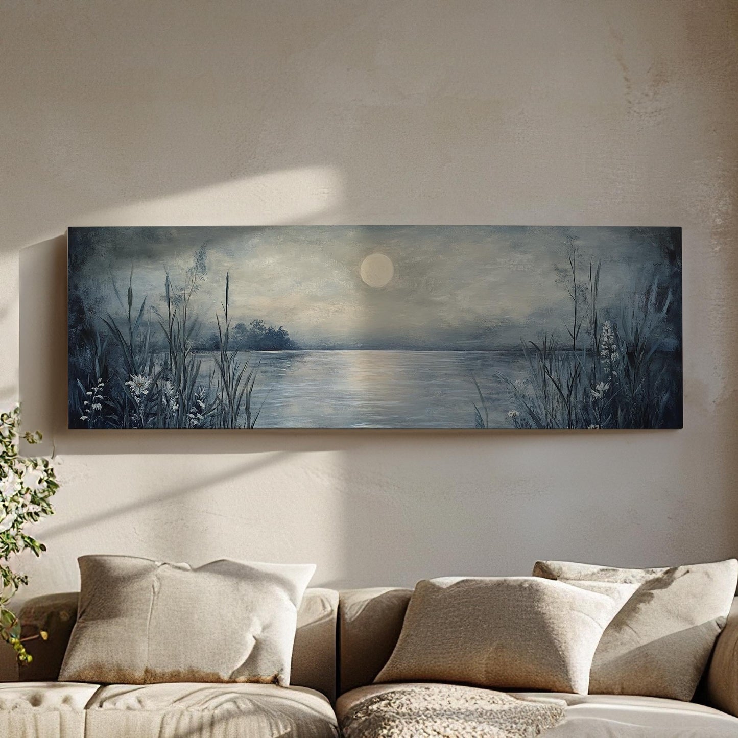 Serene Moonlit Lake Canvas Art | Impasto Textural Print | Tranquil Coastal Wall Art For Living Room Panoramic Wall Art