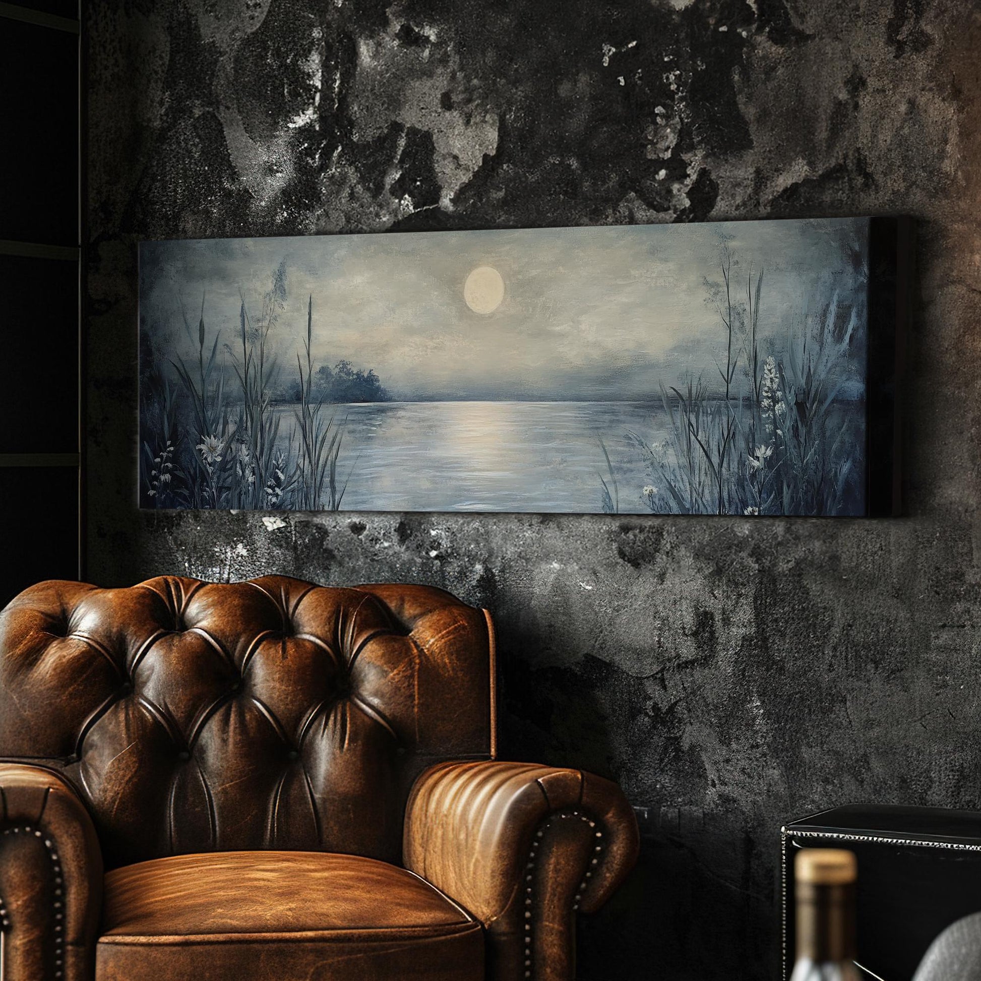 Serene Moonlit Lake Canvas Art | Impasto Textural Print | Tranquil Coastal Wall Art For Living Room Panoramic Wall Art