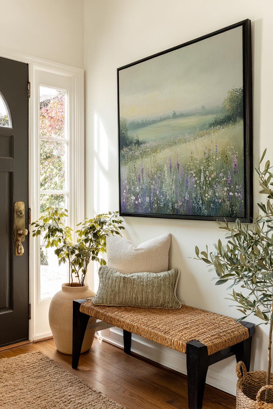 Serene Meadow Landscape Canvas Art | Impressionistic Impasto Print | Tranquil Farmhouse Wall Art For Living Room Square Canvas Art
