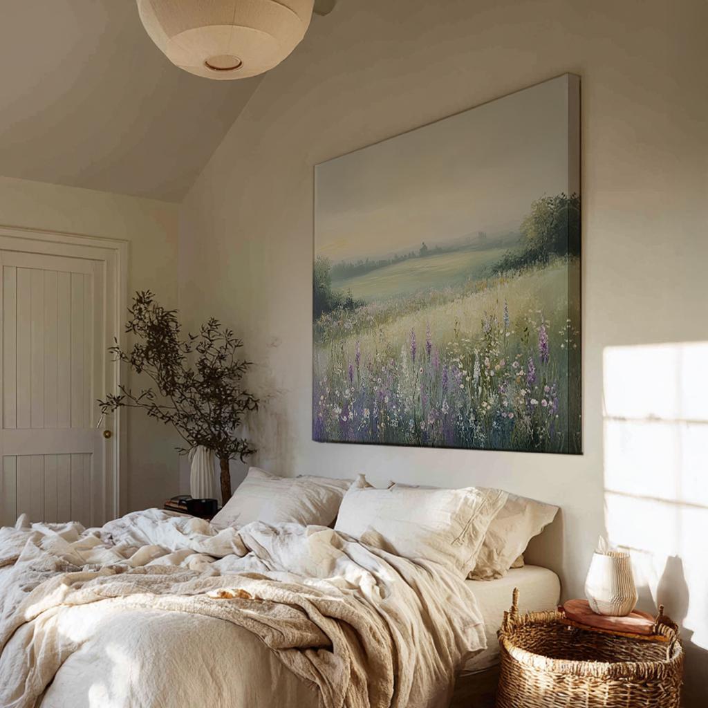 Serene Meadow Landscape Canvas Art | Impressionistic Impasto Print | Tranquil Farmhouse Wall Art For Living Room Square Canvas Art