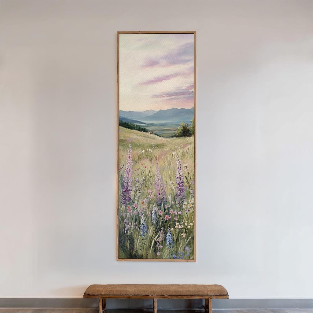 Serene Meadow Landscape Canvas Art | Impressionistic Impasto Print | Bohemian Wall Art For Living Room | Lavender Mist Art Long Vertical Art