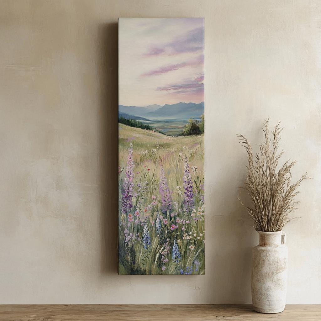 Serene Meadow Landscape Canvas Art | Impressionistic Impasto Print | Bohemian Wall Art For Living Room | Lavender Mist Art Long Vertical Art