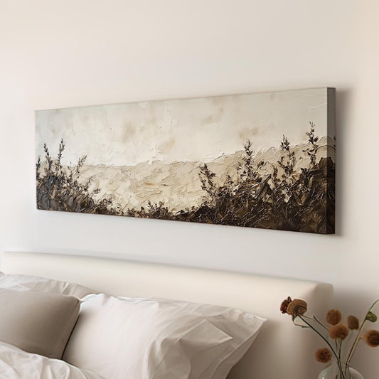 Serene Meadow Landscape Canvas Art | Impasto Palette Knife Print | Minimalist Wall Art For Living Room Panoramic Wall Art