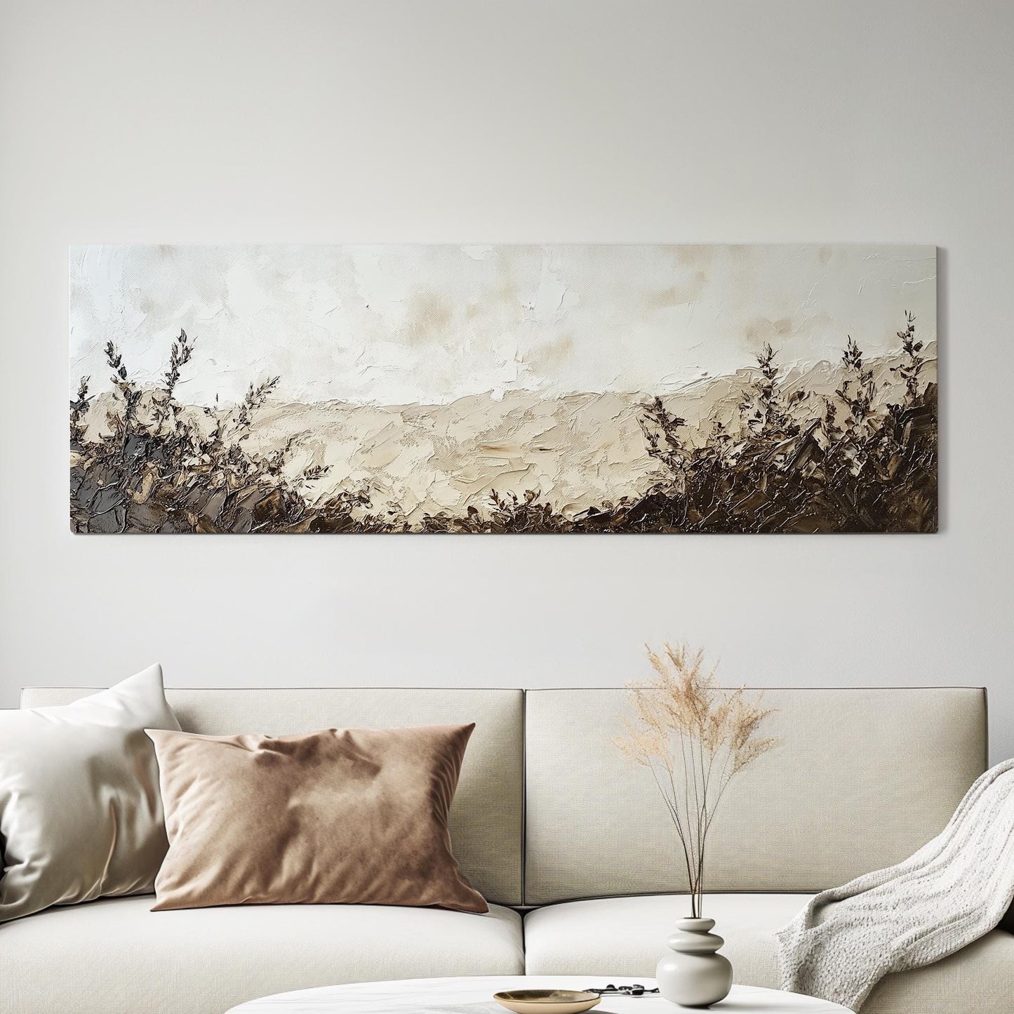 Serene Meadow Landscape Canvas Art | Impasto Palette Knife Print | Minimalist Wall Art For Living Room Panoramic Wall Art