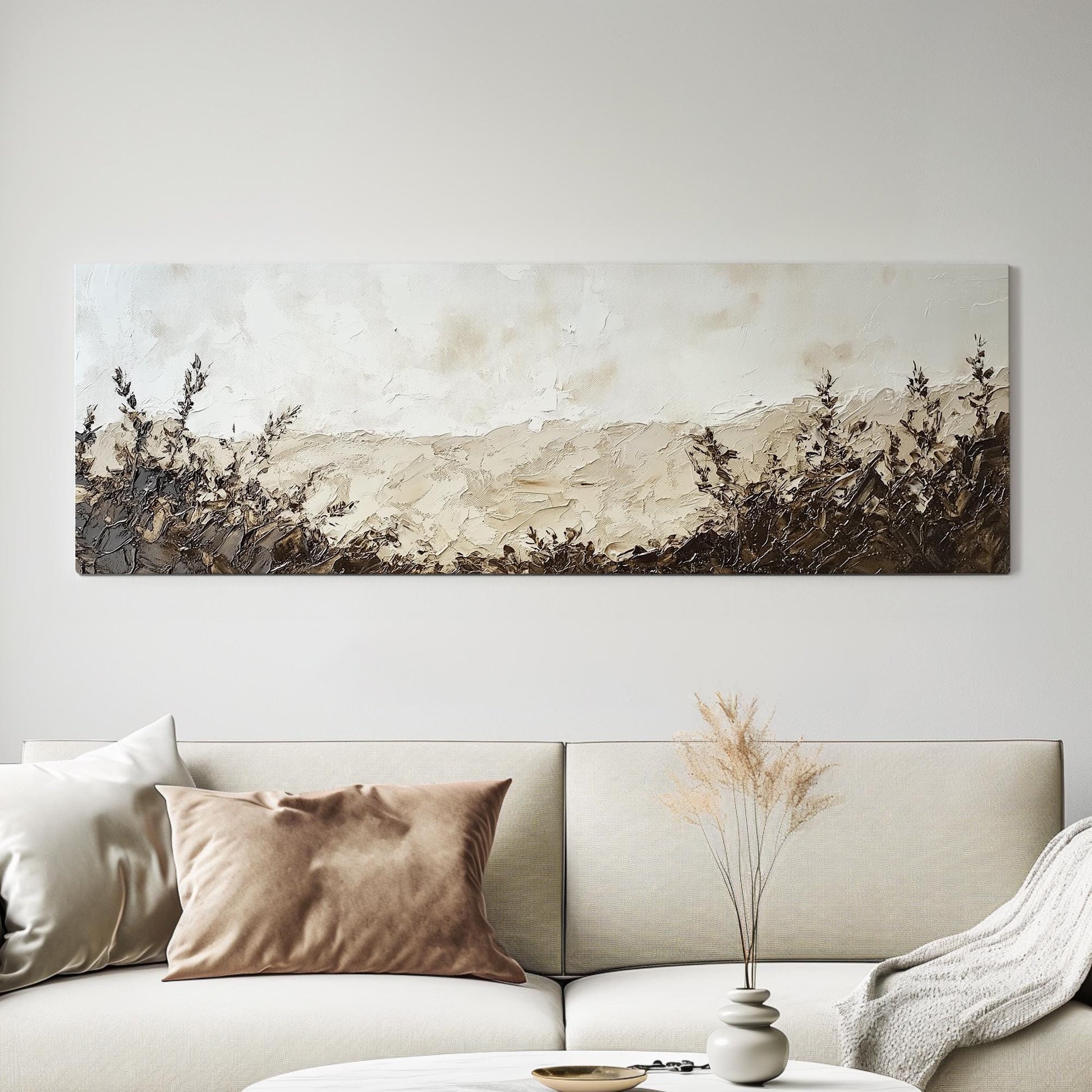 Serene Meadow Landscape Canvas Art | Impasto Palette Knife Print | Minimalist Wall Art For Living Room Panoramic Wall Art