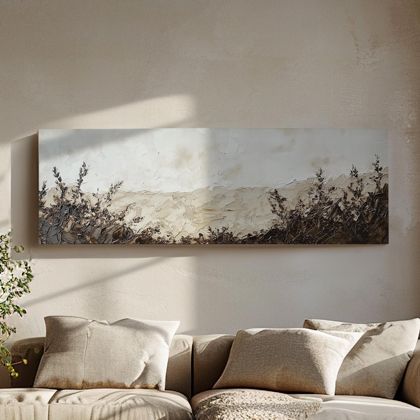 Serene Meadow Landscape Canvas Art | Impasto Palette Knife Print | Minimalist Wall Art For Living Room Panoramic Wall Art