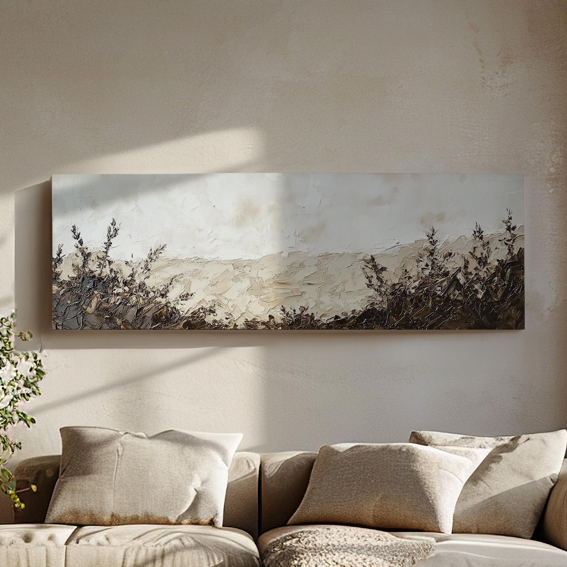 Serene Meadow Landscape Canvas Art | Impasto Palette Knife Print | Minimalist Wall Art For Living Room Panoramic Wall Art