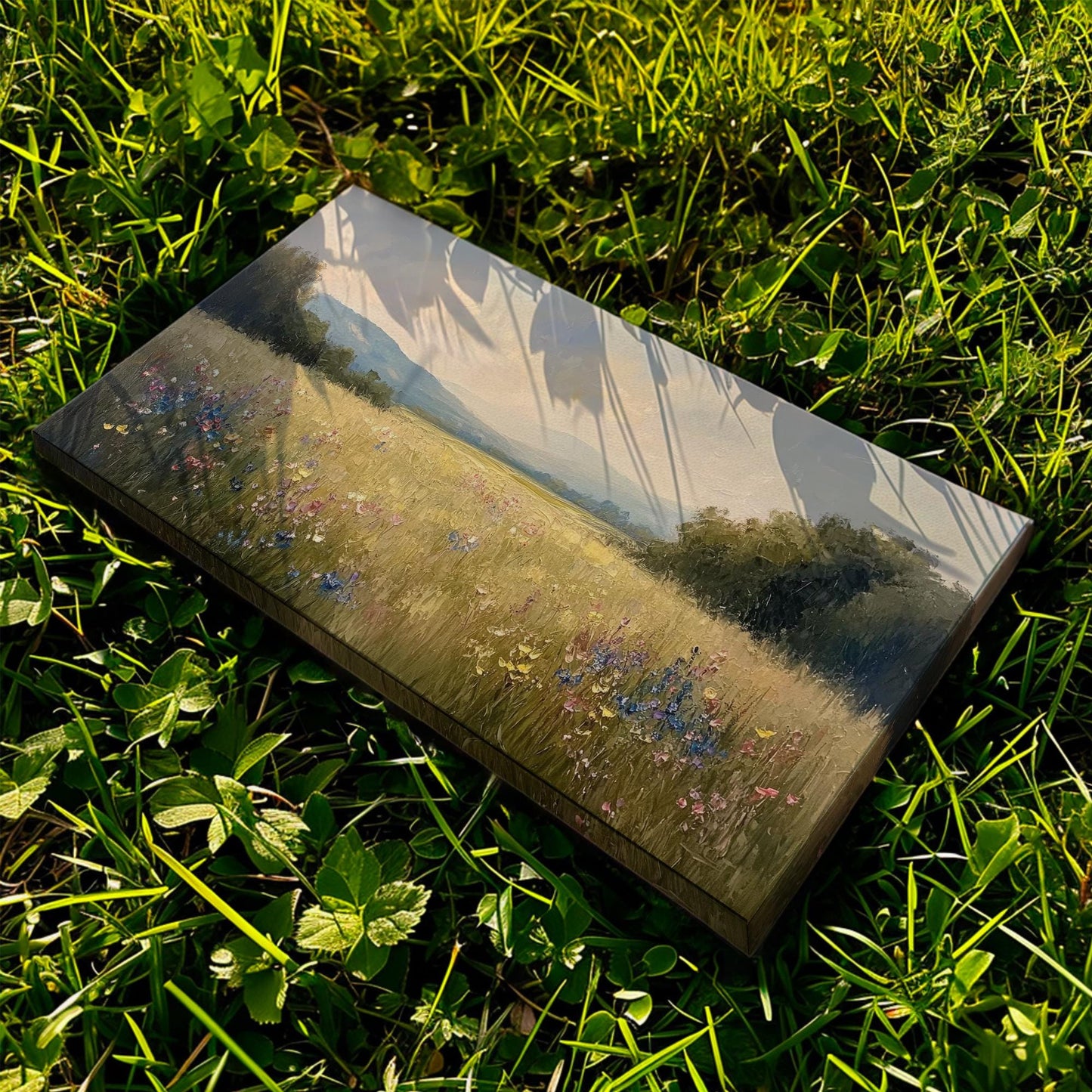 Serene Meadow Landscape Canvas Art | Impasto Impressionism Print | Tranquil Farmhouse Wall Art For Living Room Horizontal Art