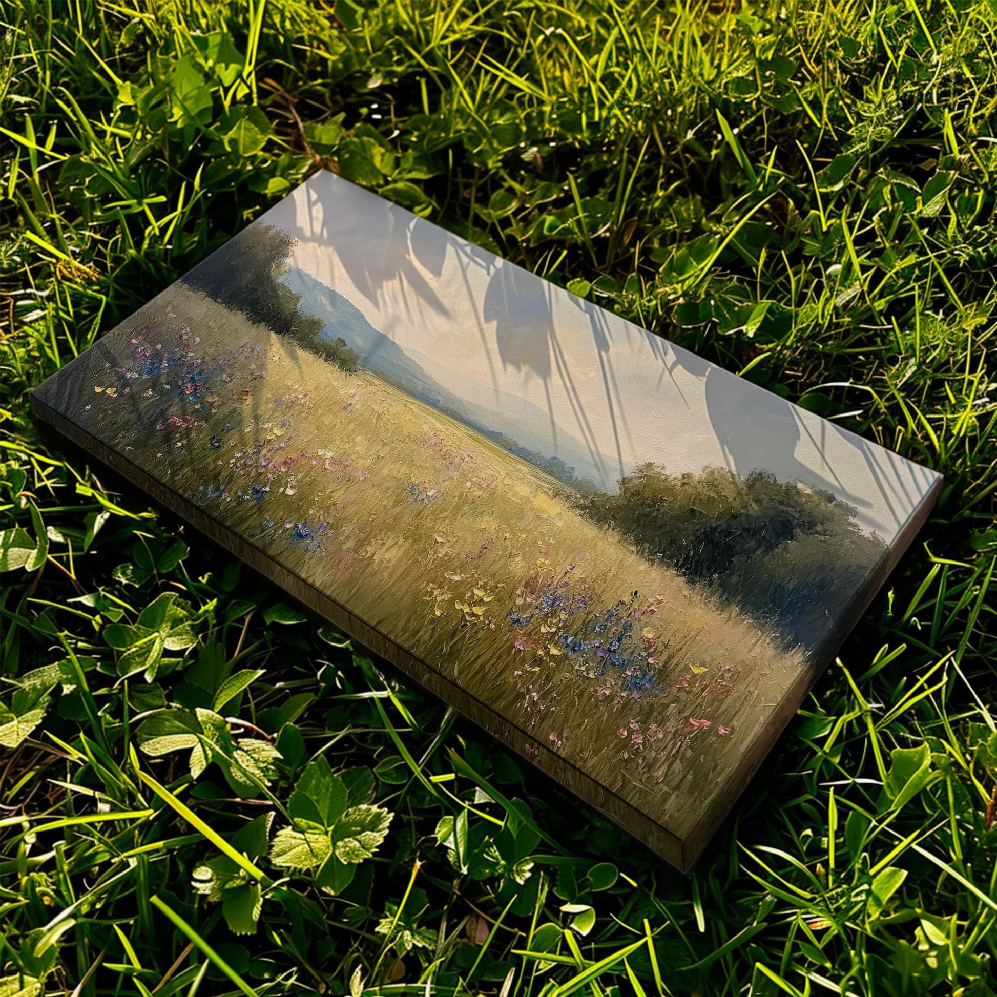 Serene Meadow Landscape Canvas Art | Impasto Impressionism Print | Tranquil Farmhouse Wall Art For Living Room Horizontal Art