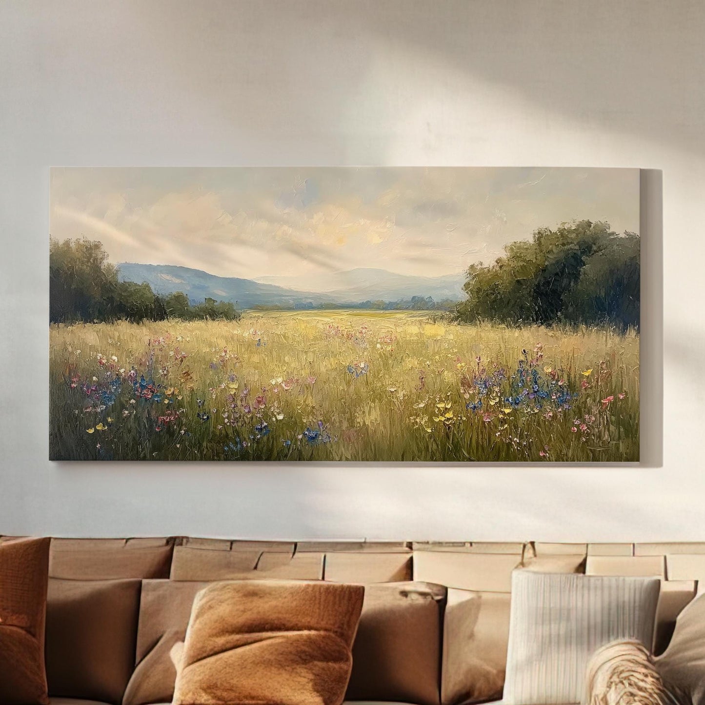 Serene Meadow Landscape Canvas Art | Impasto Impressionism Print | Tranquil Farmhouse Wall Art For Living Room Horizontal Art