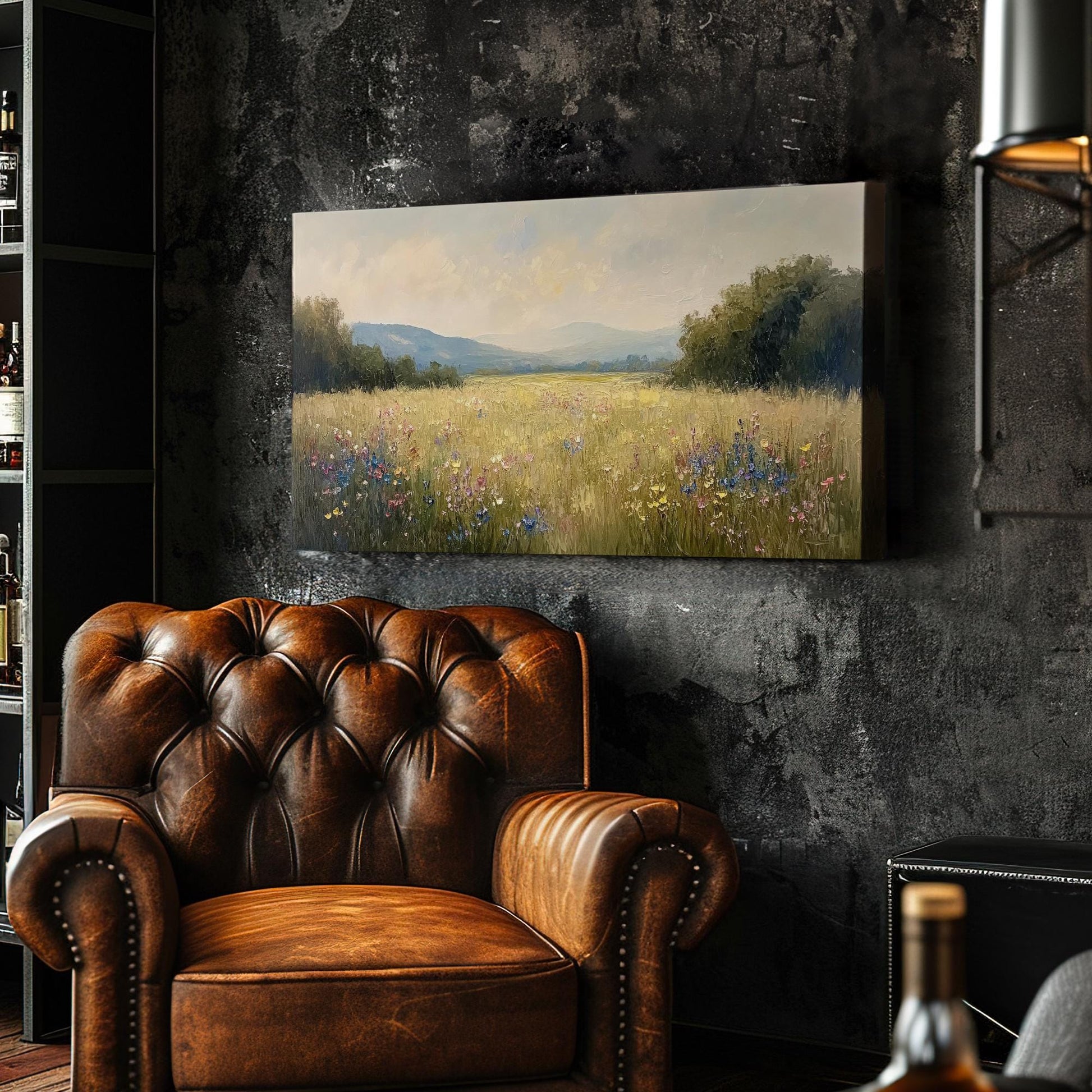 Serene Meadow Landscape Canvas Art | Impasto Impressionism Print | Tranquil Farmhouse Wall Art For Living Room Horizontal Art