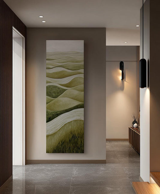 Serene Landscape Canvas Art | Impasto Textured Print | Biophilic Wall Art For Living Room | Sage Green Oyster Art Long Vertical Art