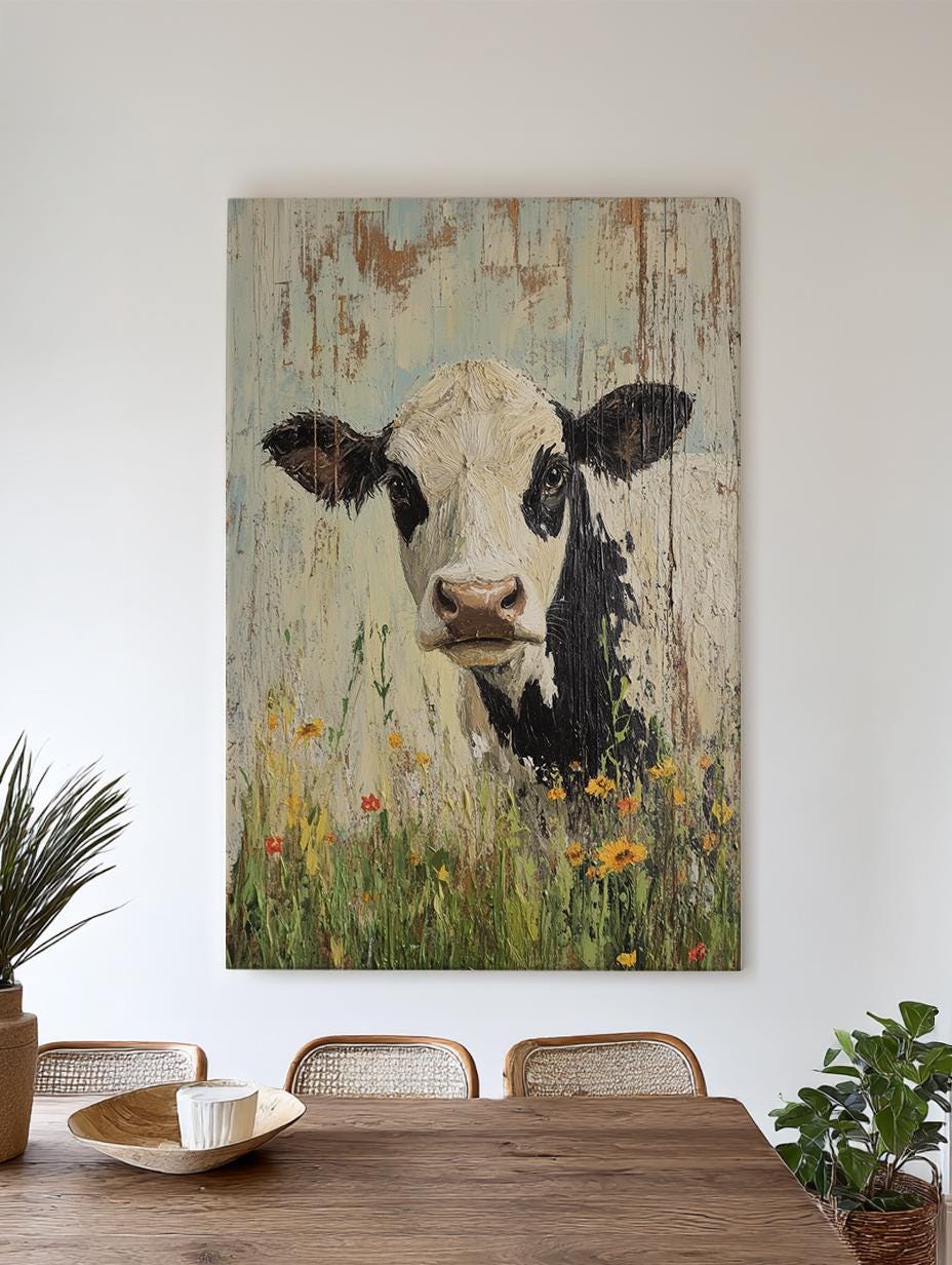 Serene Cow in Meadow Canvas Art | Impasto Palette Knife Print | Bohemian Farmhouse Wall Art For Living Room Vertical Canvas