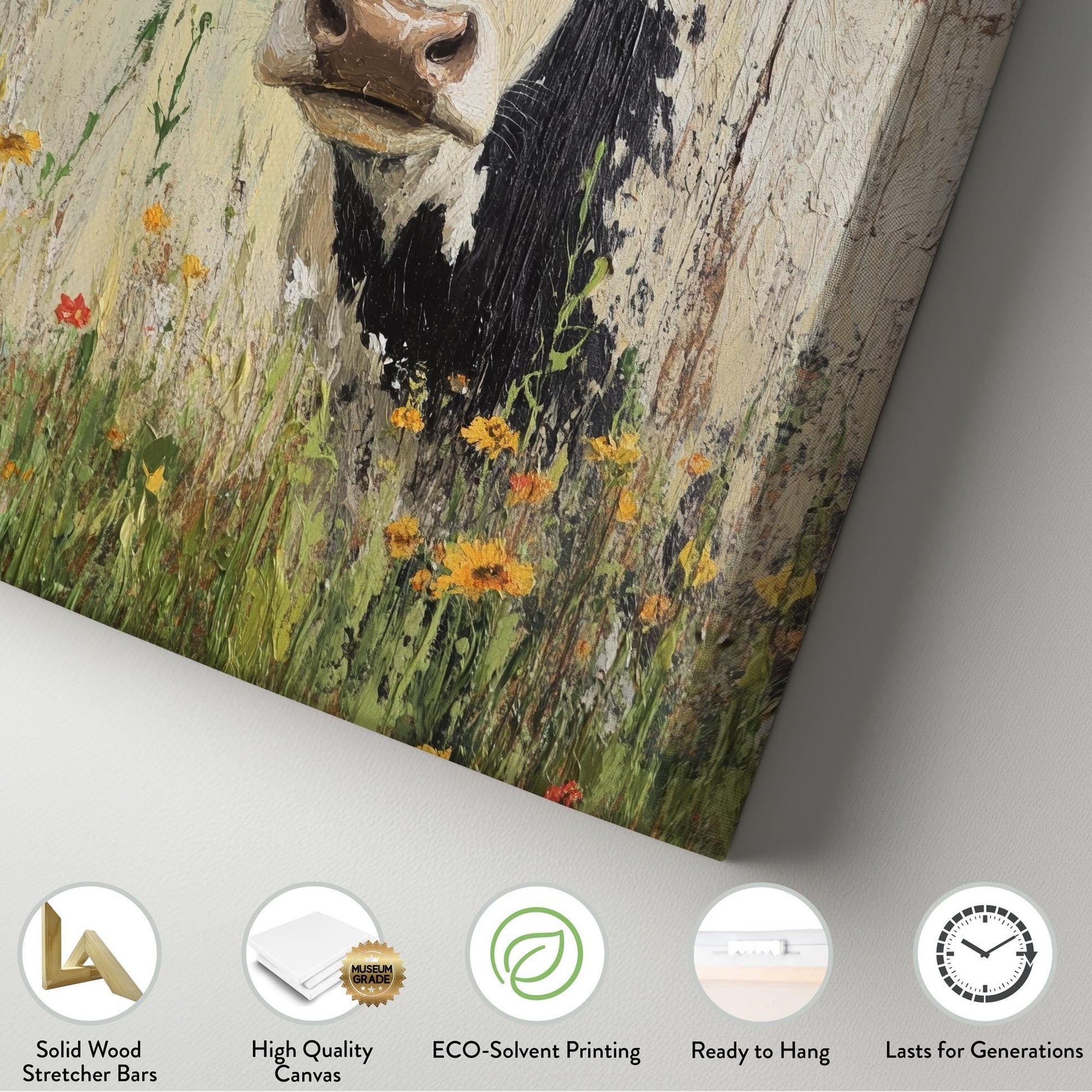 Serene Cow in Meadow Canvas Art | Impasto Palette Knife Print | Bohemian Farmhouse Wall Art For Living Room Vertical Canvas