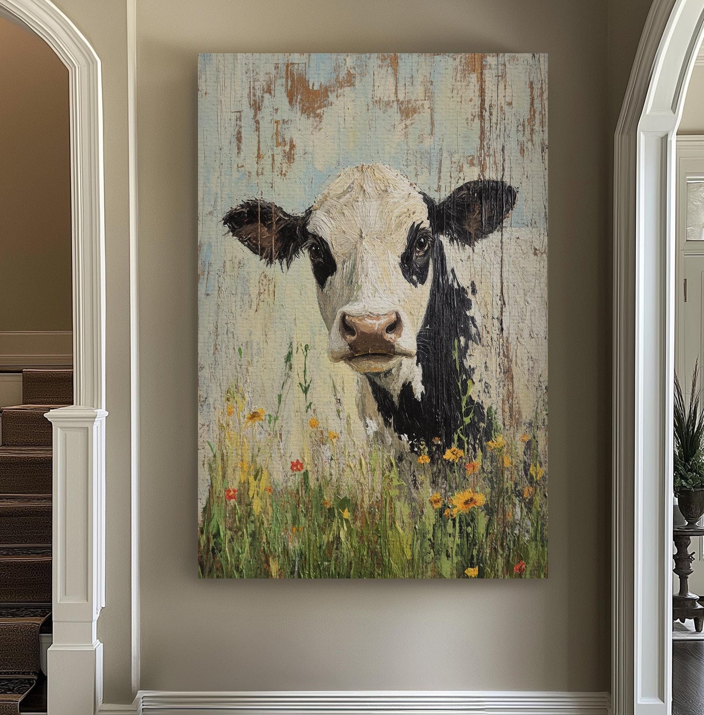 Serene Cow in Meadow Canvas Art | Impasto Palette Knife Print | Bohemian Farmhouse Wall Art For Living Room Vertical Canvas