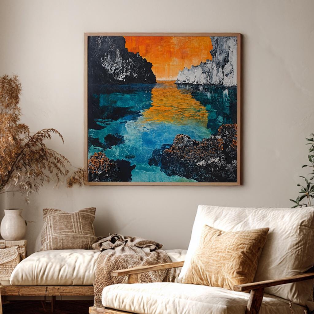 Serene Cove Canvas Art | Impasto Print | Coastal Minimalist Wall Art For Living Room | Tangerine Sunset Art Square Canvas Art
