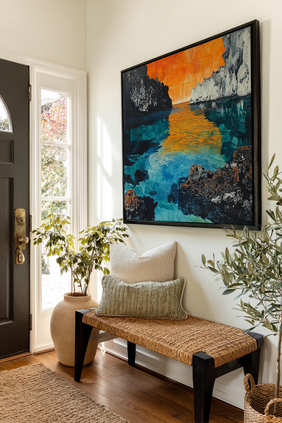 Serene Cove Canvas Art | Impasto Print | Coastal Minimalist Wall Art For Living Room | Tangerine Sunset Art Square Canvas Art