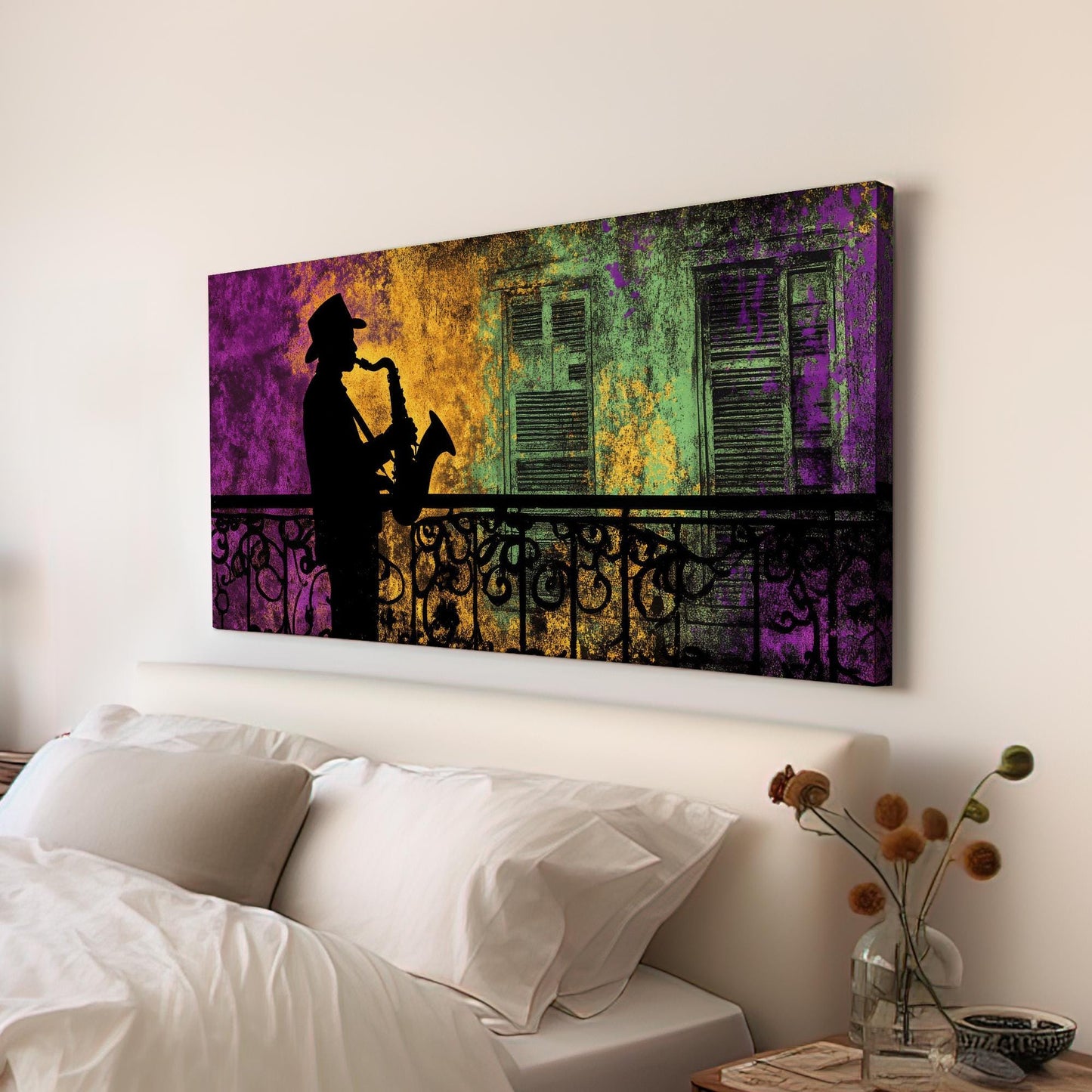 New Orleans Jazz Musician Canvas Art | Silhouette Print | Bohemian Wall Art For Living Room | Amethyst Mustard Art Horizontal Art
