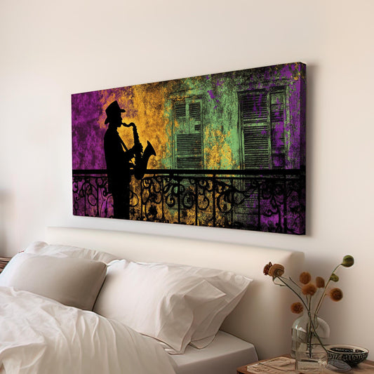 New Orleans Jazz Musician Canvas Art | Silhouette Print | Bohemian Wall Art For Living Room | Amethyst Mustard Art Horizontal Art