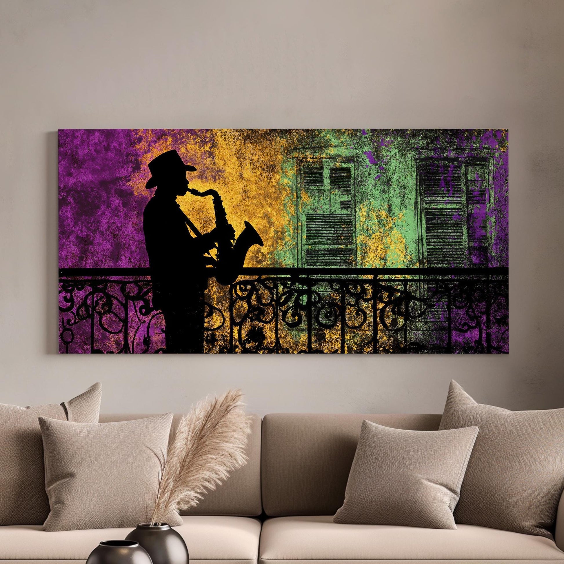 New Orleans Jazz Musician Canvas Art | Silhouette Print | Bohemian Wall Art For Living Room | Amethyst Mustard Art Horizontal Art