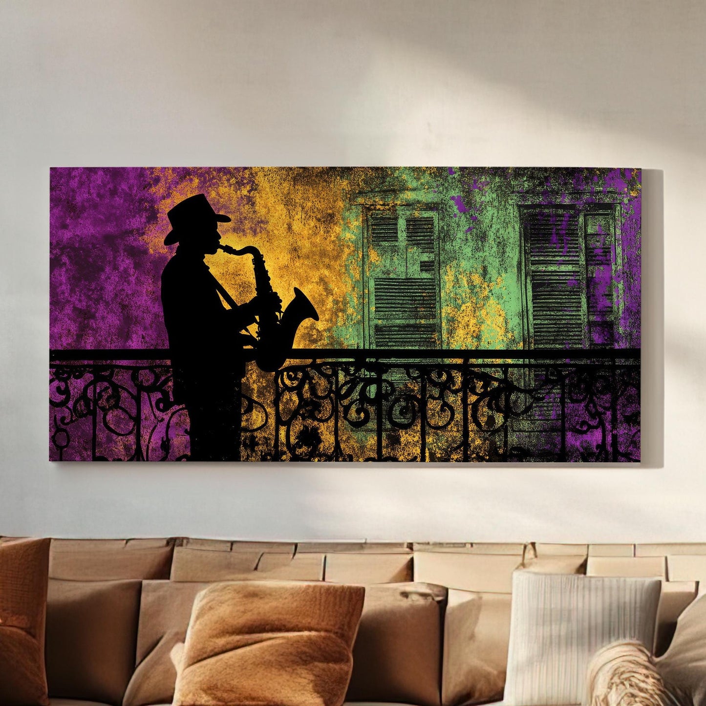 New Orleans Jazz Musician Canvas Art | Silhouette Print | Bohemian Wall Art For Living Room | Amethyst Mustard Art Horizontal Art