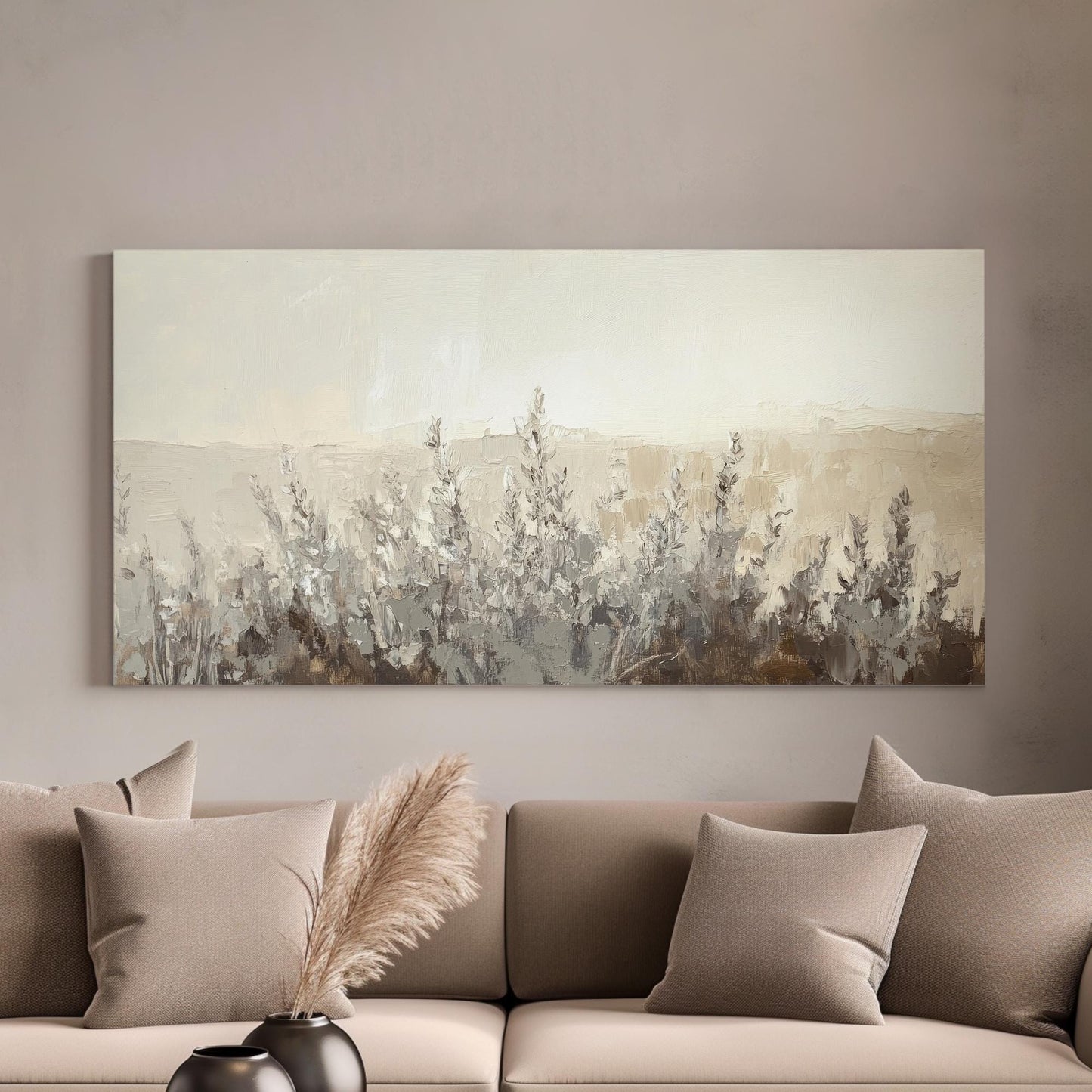 Neutral Botanicals Canvas Art | Impasto Print | Minimalist Wall Art For Living Room | Greige Oyster Art Horizontal Art