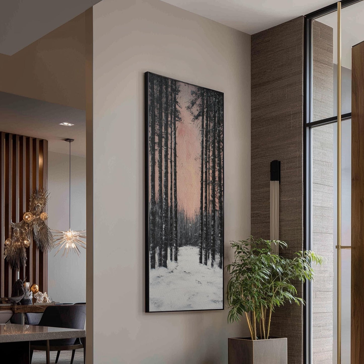 Winter Birch Forest Canvas Art | Impasto Print | Minimalist Wall Art For Living Room | Blush Pink Charcoal Art Long Vertical Art