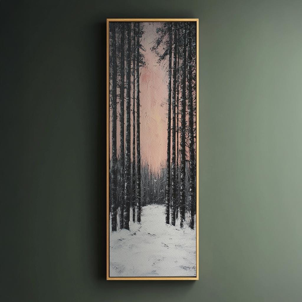 Winter Birch Forest Canvas Art | Impasto Print | Minimalist Wall Art For Living Room | Blush Pink Charcoal Art Long Vertical Art