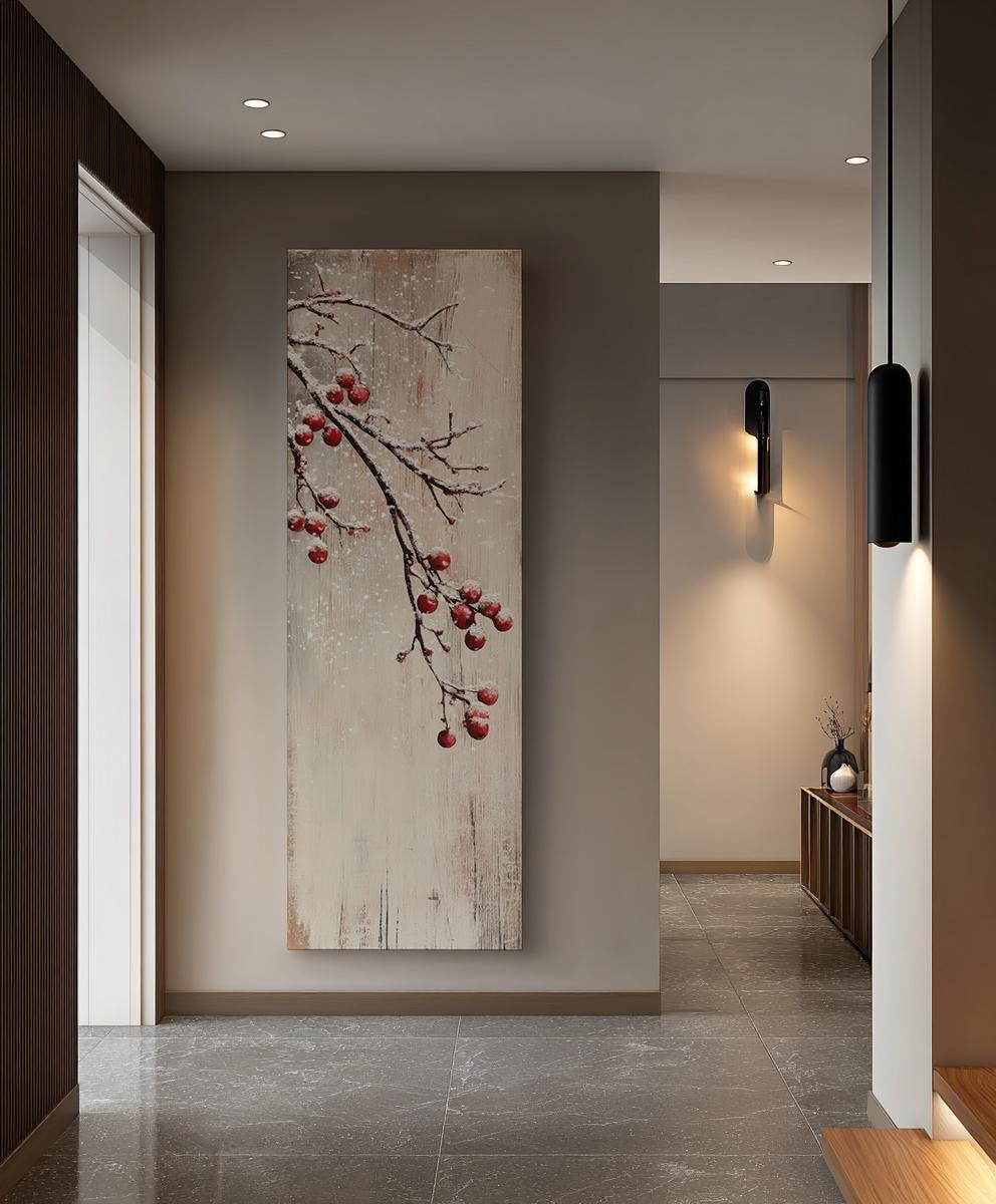 Winter Berries Snowfall Canvas Art | Impasto Print | Bohemian Wall Art For Living Room | Creamy Oyster Art Long Vertical Art