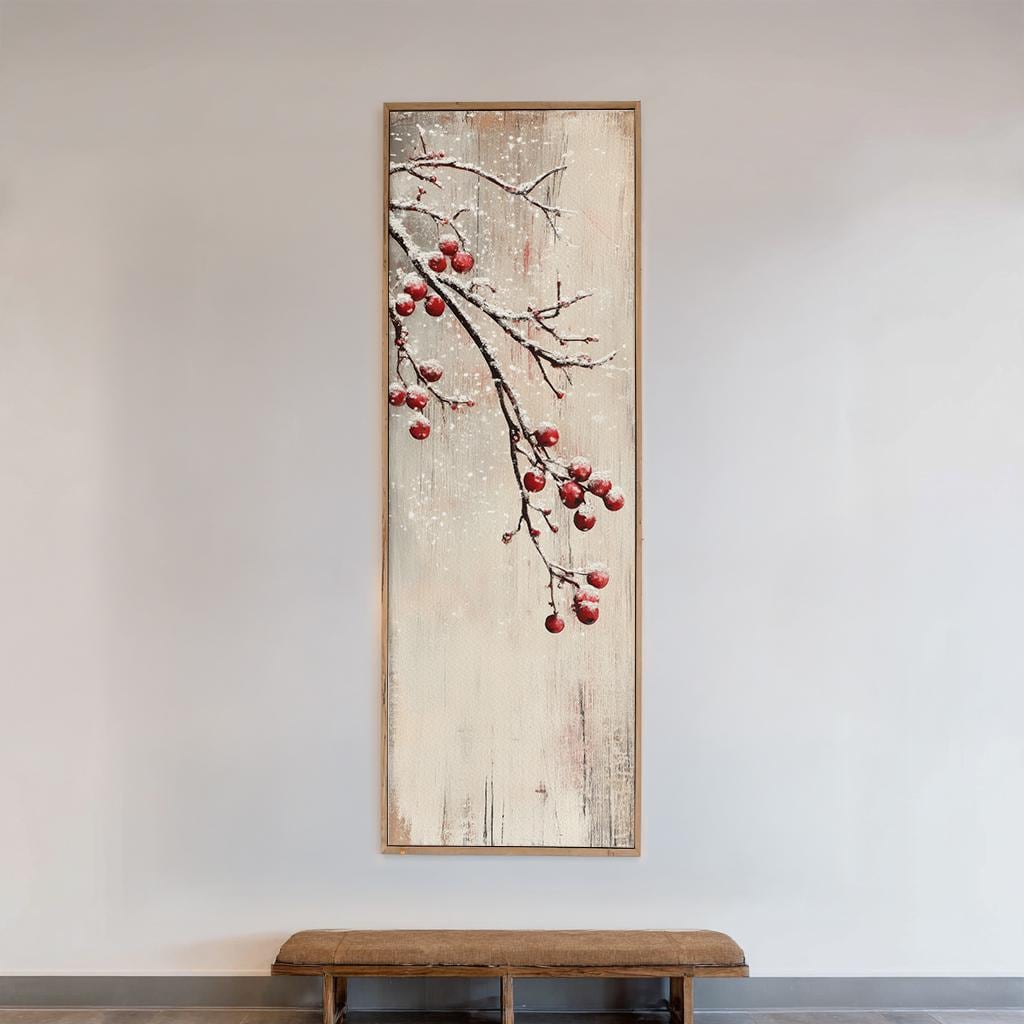 Winter Berries Snowfall Canvas Art | Impasto Print | Bohemian Wall Art For Living Room | Creamy Oyster Art Long Vertical Art