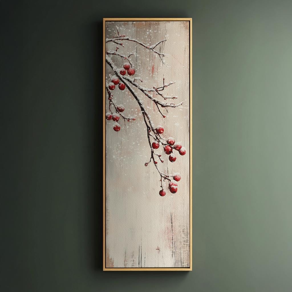 Winter Berries Snowfall Canvas Art | Impasto Print | Bohemian Wall Art For Living Room | Creamy Oyster Art Long Vertical Art