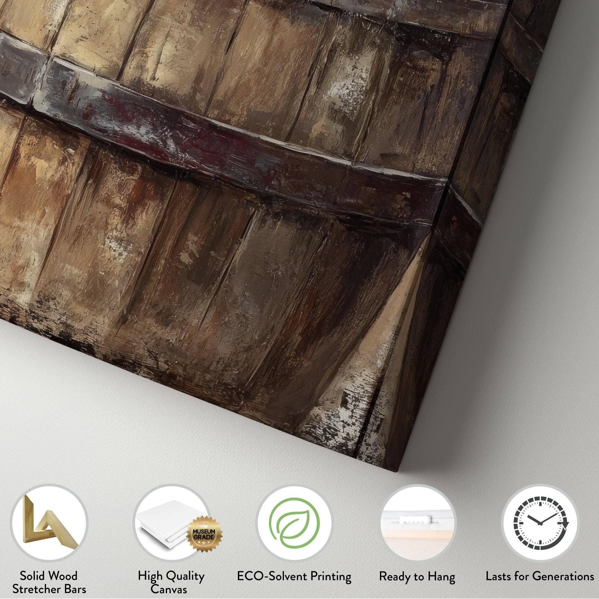 Wine Barrel Still Life Canvas Art | Impasto Grapes Print | Rustic Farmhouse Wall Art For Dining Room | Warm Oak Art Long Vertical Art