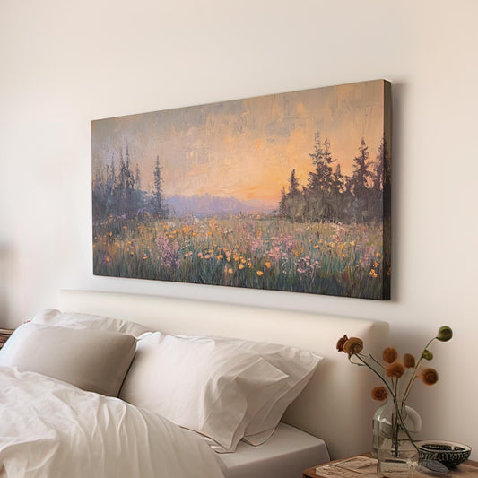 Sunset Meadow Impressionist Canvas Art | Impasto Painting Print | Biophilic Wall Art For Living Room Horizontal Art