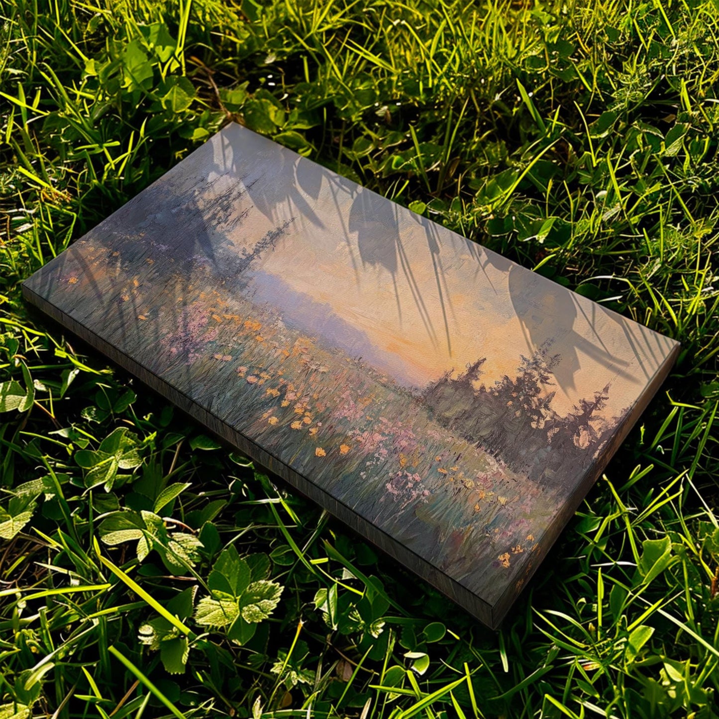 Sunset Meadow Impressionist Canvas Art | Impasto Painting Print | Biophilic Wall Art For Living Room Horizontal Art