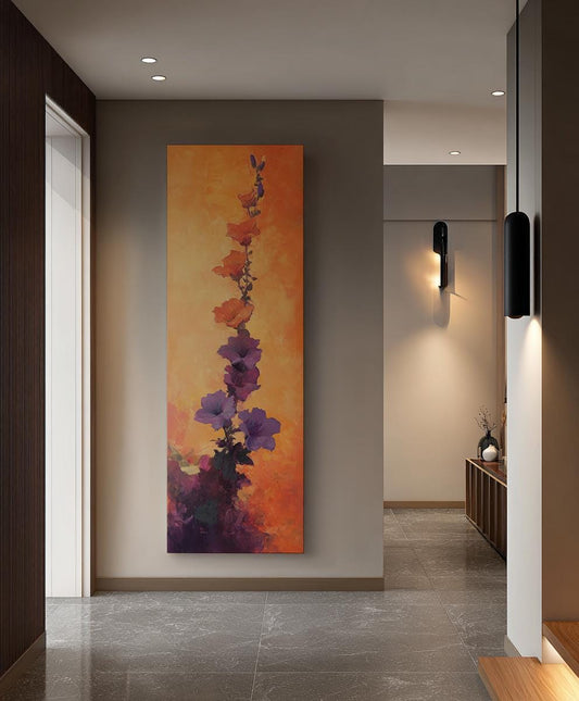 Sunset Gladiolus Canvas Art | Impasto Floral Print | Bohemian Modern Wall Art For Living Room | Burnt Orange Amethyst Art Long Vertical Art