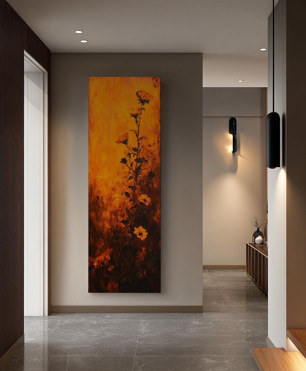 Sunset Blossom Canvas Art | Impasto Floral Print | Bohemian Wall Art For Living Room | Burnt Orange Redwood Art Long Vertical Art