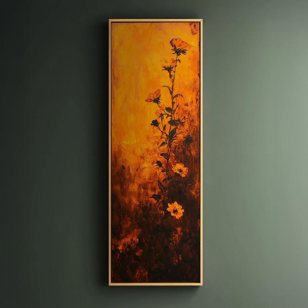 Sunset Blossom Canvas Art | Impasto Floral Print | Bohemian Wall Art For Living Room | Burnt Orange Redwood Art Long Vertical Art