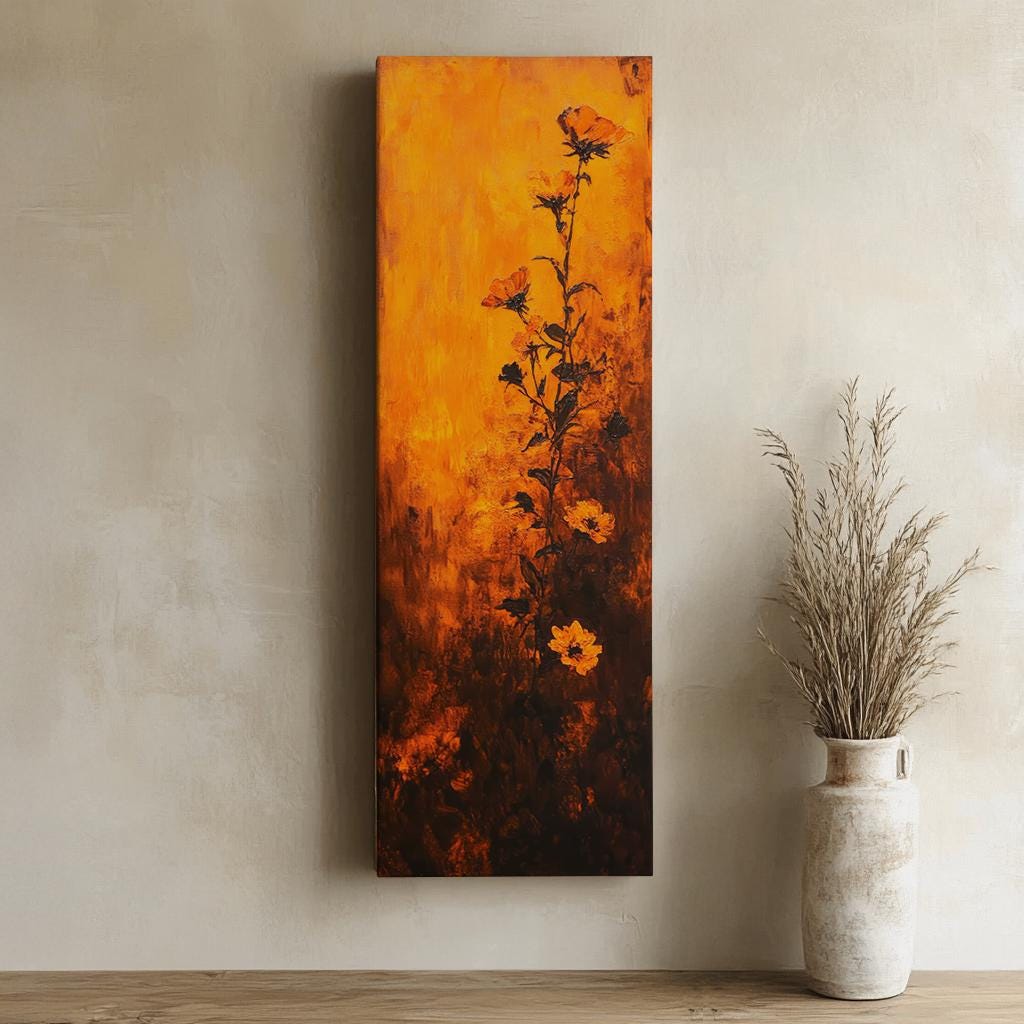 Sunset Blossom Canvas Art | Impasto Floral Print | Bohemian Wall Art For Living Room | Burnt Orange Redwood Art Long Vertical Art