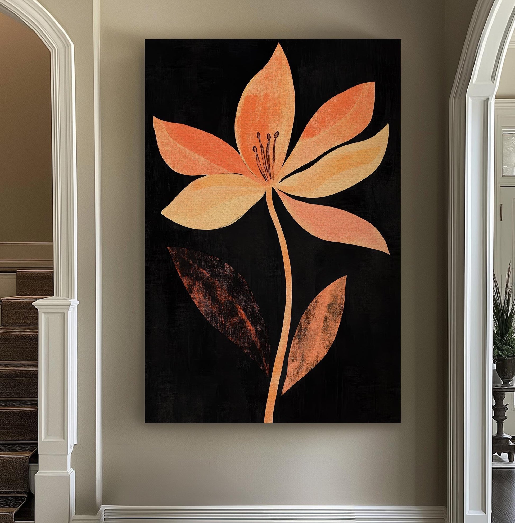Sunset Bloom Canvas Art | Abstract Expressionist Print | Bohemian Wall Art For Living Room | Terracotta Noir Art Vertical Canvas