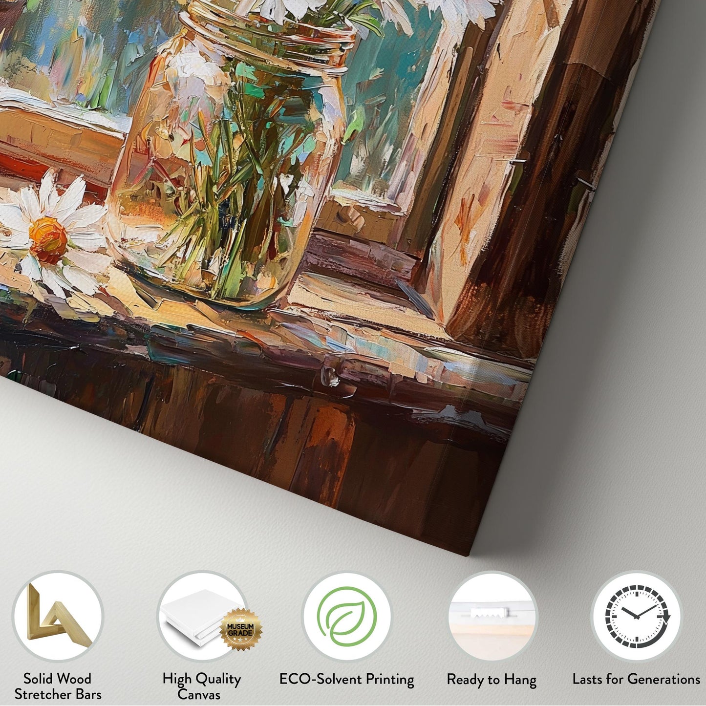Sunlit Daisies Canvas Art | Impasto Palette Knife Print | Bohemian Farmhouse Wall Art For Living Room | Honeyed Wheat Art Vertical Canvas