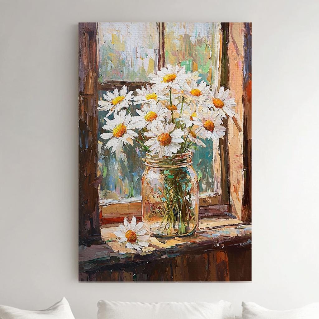 Sunlit Daisies Canvas Art | Impasto Palette Knife Print | Bohemian Farmhouse Wall Art For Living Room | Honeyed Wheat Art Vertical Canvas