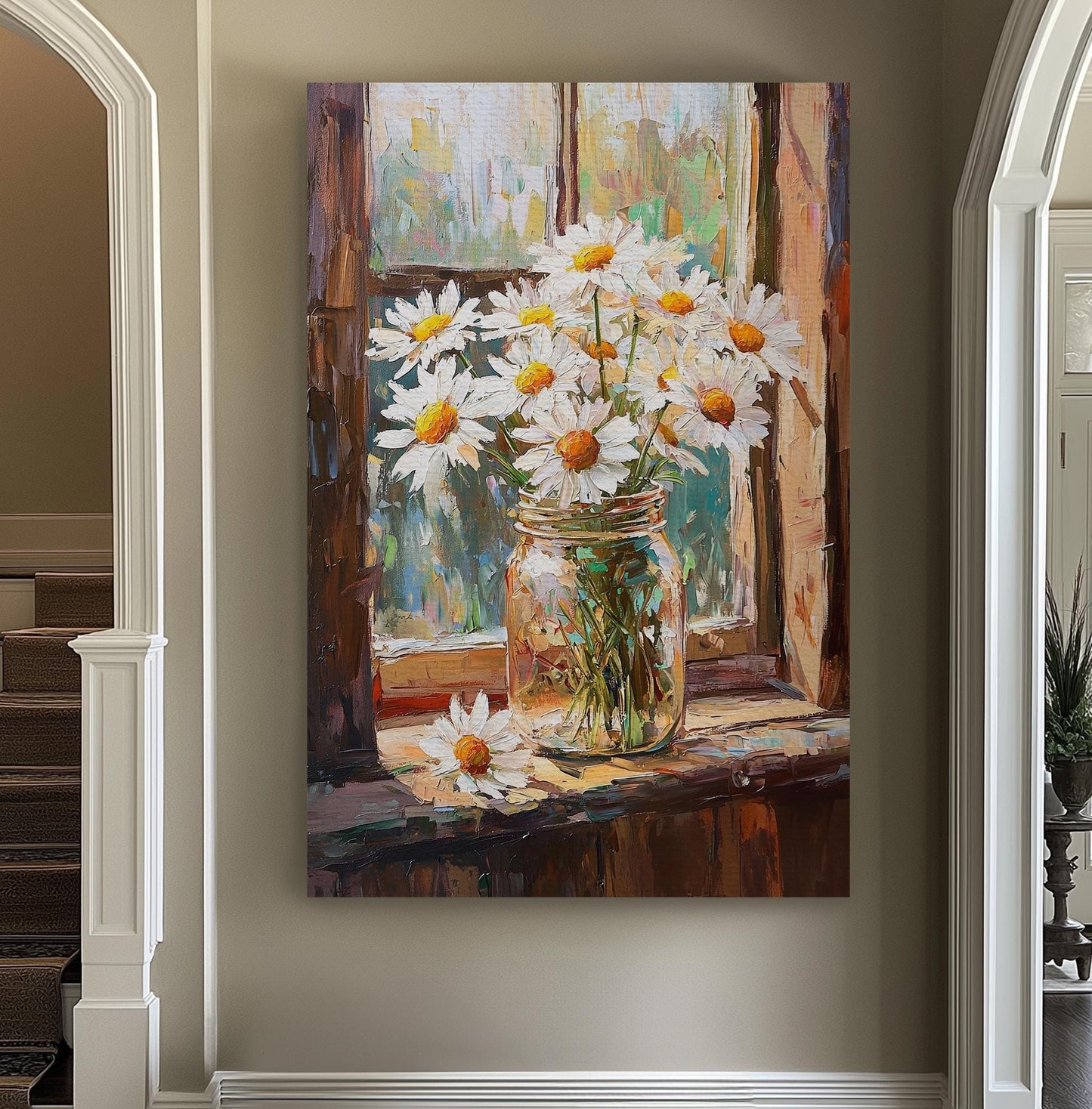 Sunlit Daisies Canvas Art | Impasto Palette Knife Print | Bohemian Farmhouse Wall Art For Living Room | Honeyed Wheat Art Vertical Canvas