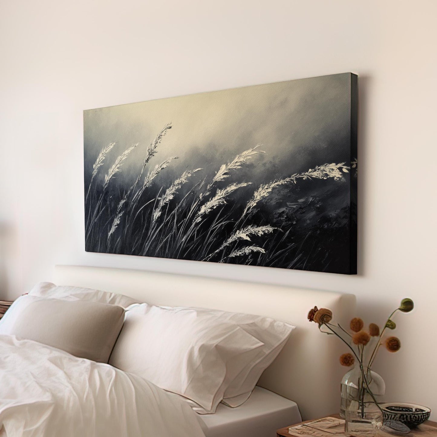 Serene Pampas Grass Canvas Art | Impasto Palette Knife Print | Tranquil Zen Wall Art For Living Room | Moonlit Silver Art Horizontal Art