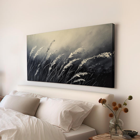 Serene Pampas Grass Canvas Art | Impasto Palette Knife Print | Tranquil Zen Wall Art For Living Room | Moonlit Silver Art Horizontal Art