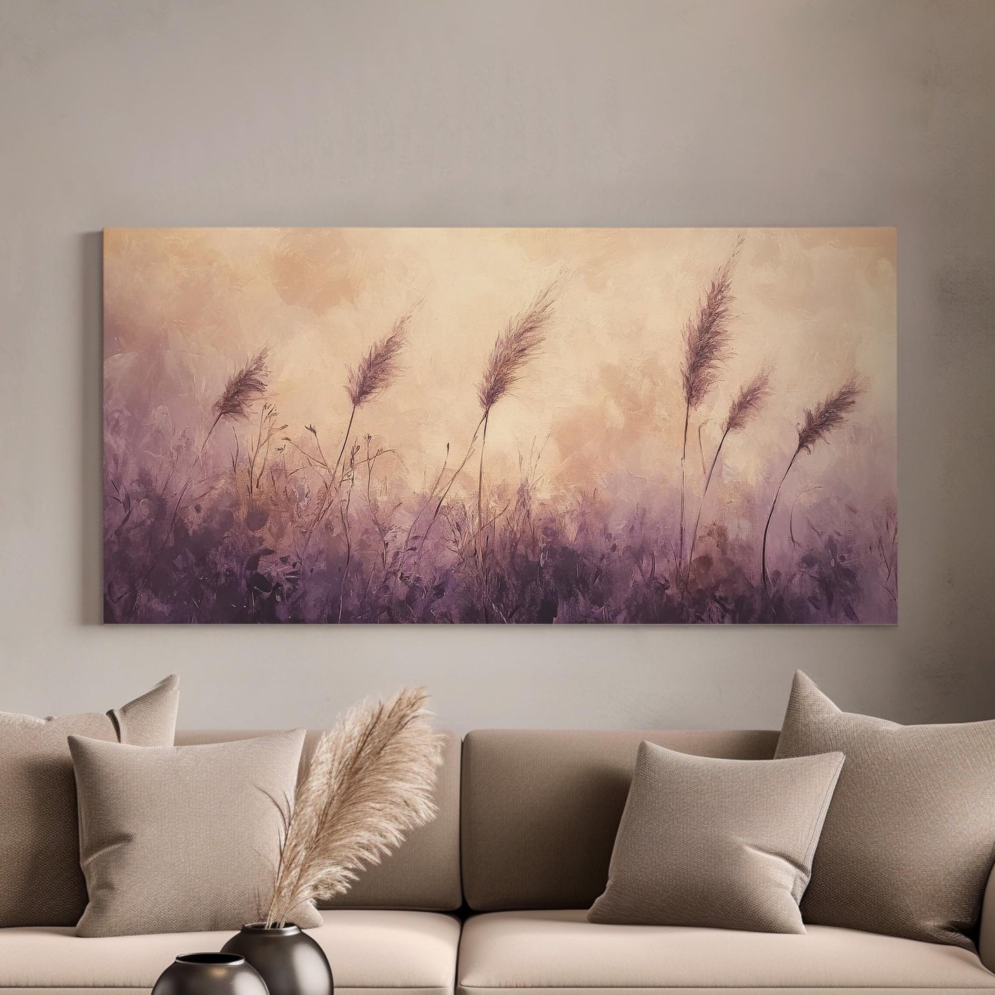 Serene Pampas Grass Canvas Art | Impasto Brushstroke Print | Bohemian Wall Art For Living Room | Mauve and Blush Art Horizontal Art
